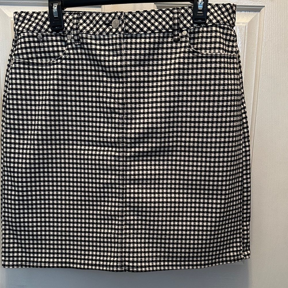 Talbots Black and White Gingham Mini Skirt Denim Like Fabric Stretch Size 12P